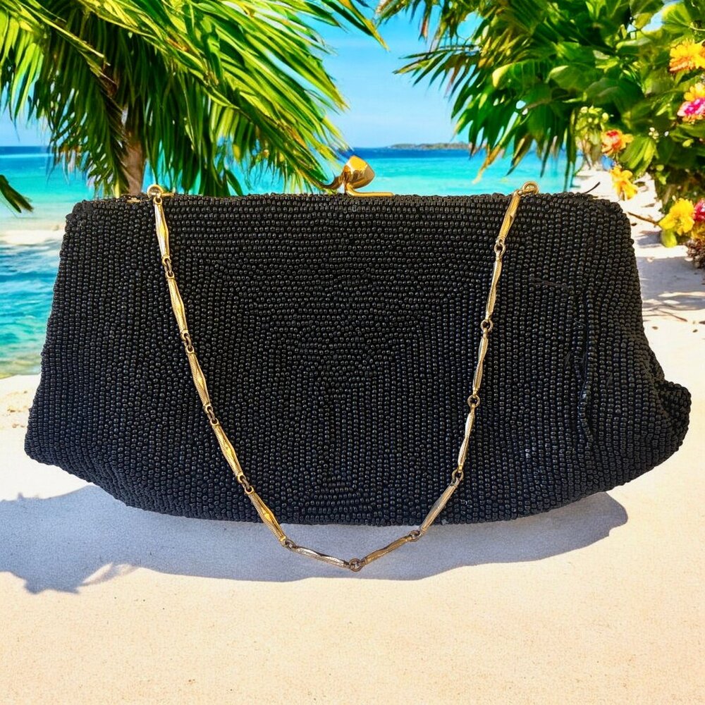 Black Vintage Beaded Evening Bag CLUTCH OR CHAIN Kiss Lock by ROYAL